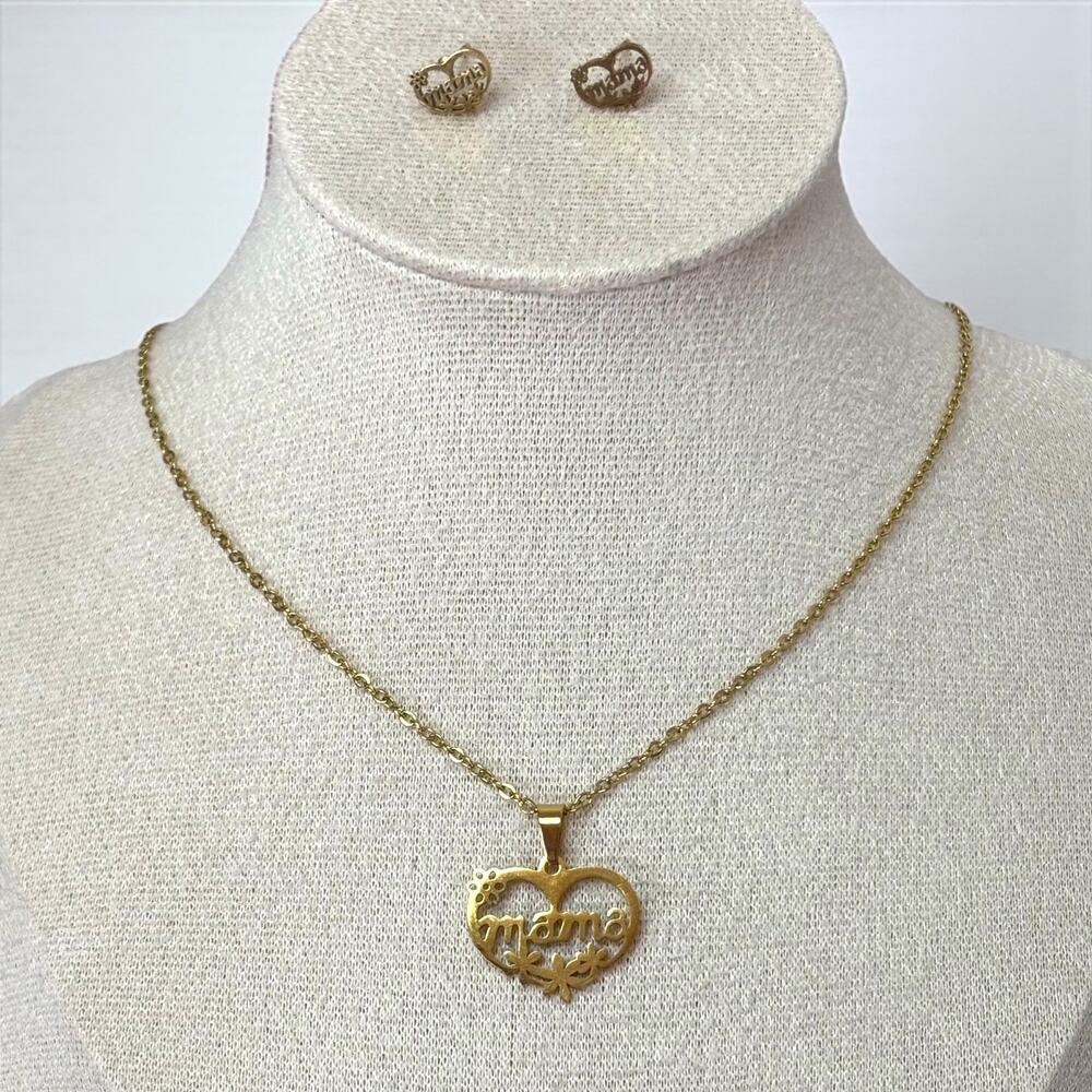 Gold Mama Heart Necklace & Earring Set